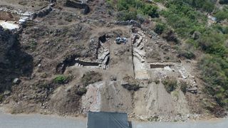 An aerial view of the bouletarian, or city council house, recently discovered at the ancient site of Antiochia ad Cragum.