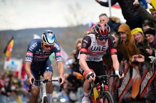 Tadej Pogacar leads Mathieu van der Poel on the Kwaremont at last year's Tour of Flanders
