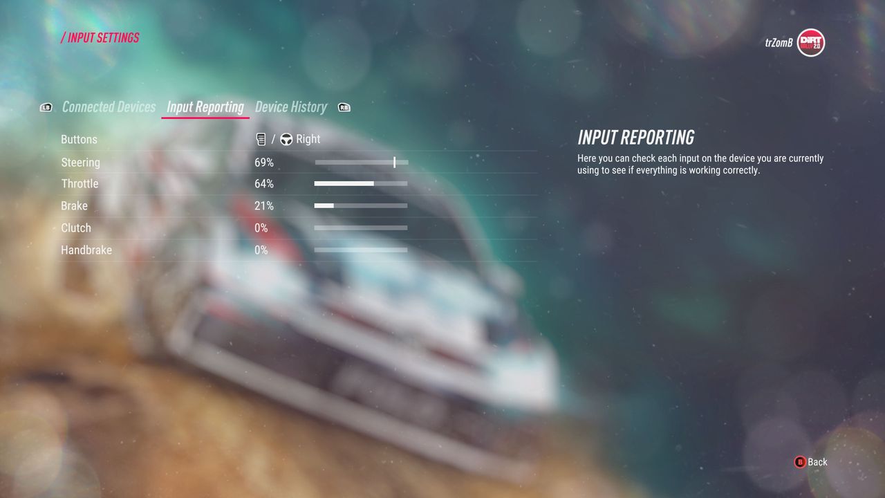 DiRT Rally 2.0 screenshot on Xbox Series X showing racing wheel settings