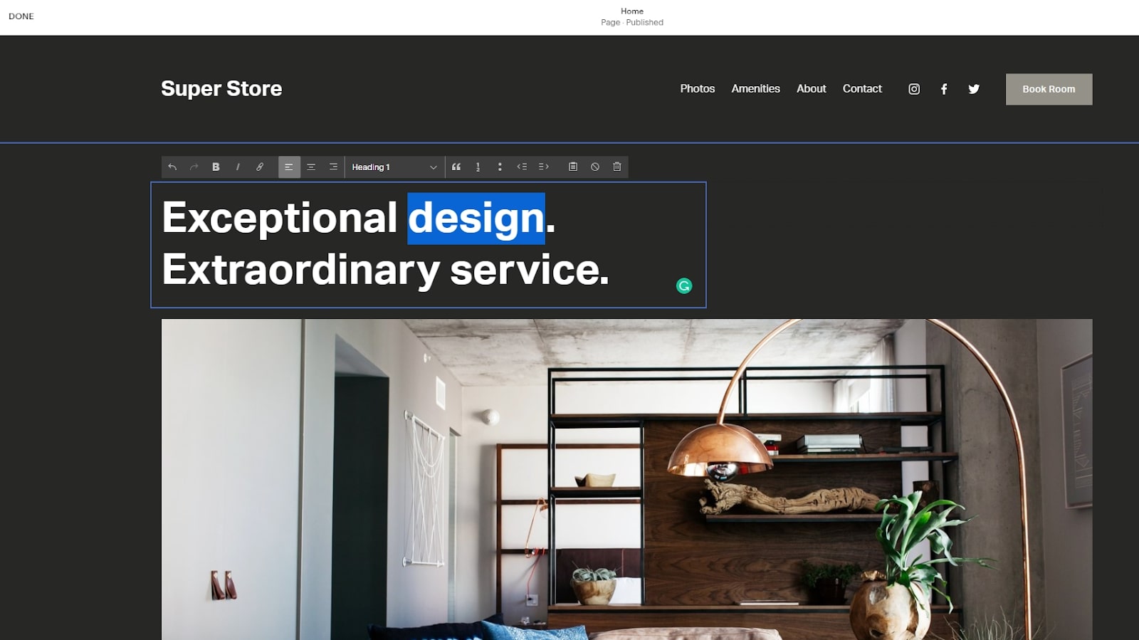 Squarespace's website editor in use