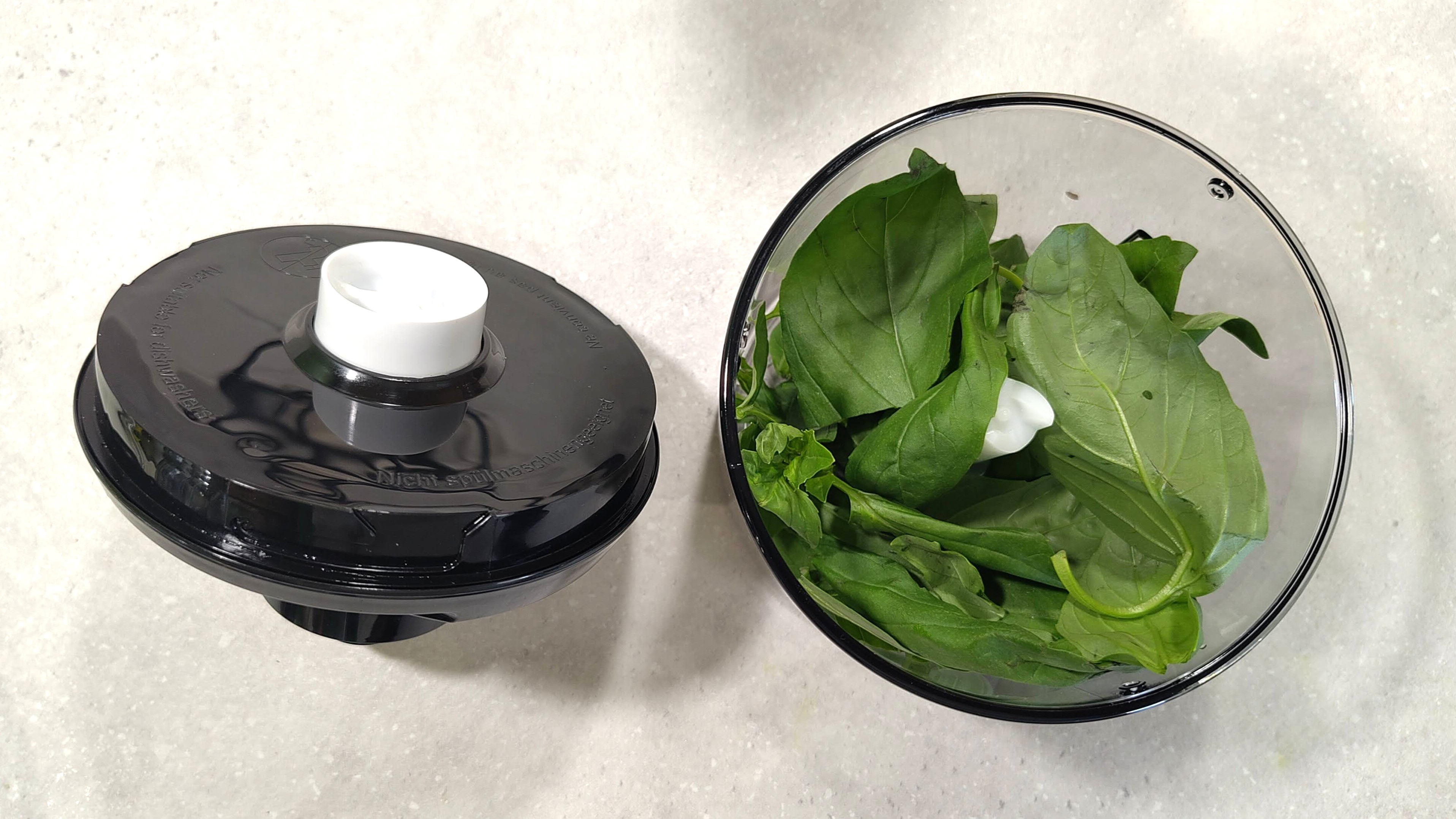 Basil leaves inside Bosch ErgoMaster Serie 3 blender mini chopper attachment