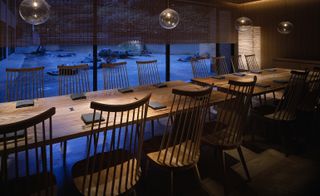 A long dining table in the restaurant at the Hyatt Regency — Kyoto