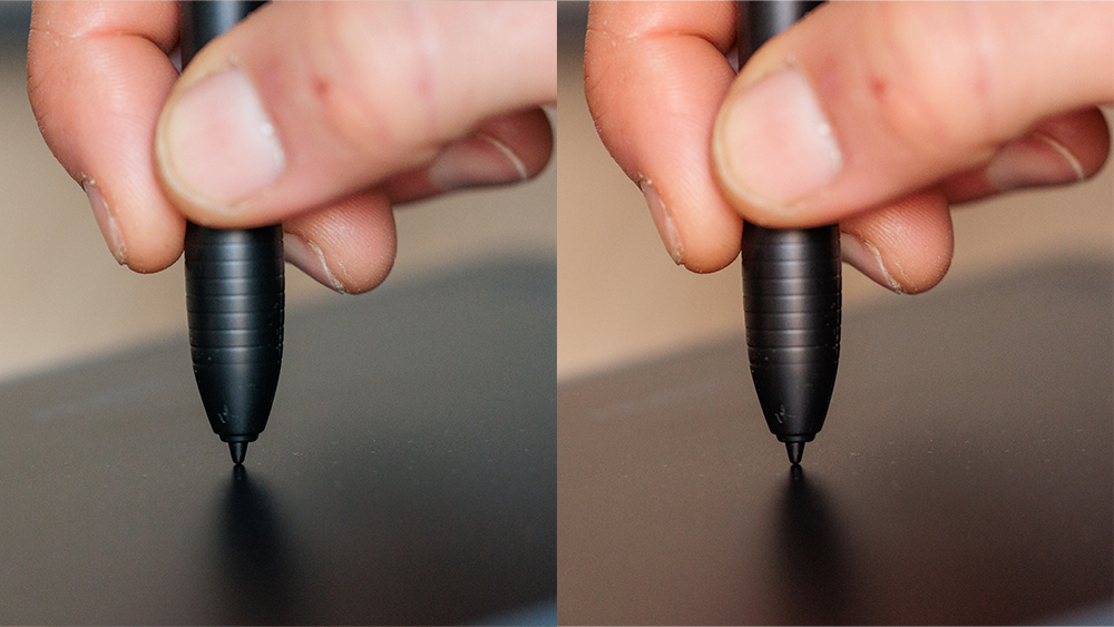 Two versions of the same image side by side showing a hand drawing with a stylus on a drawing tablet. The image on the left has cool colours and the image on right right warmer colours