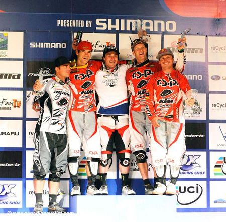 The final World Cup podium: Michal Prokop, Tomas Slavik, Jared Graves, Joost Wichman, Michal Marosi.
