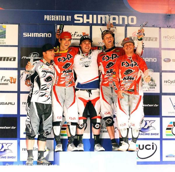 The final World Cup podium: Michal Prokop, Tomas Slavik, Jared Graves, Joost Wichman, Michal Marosi.