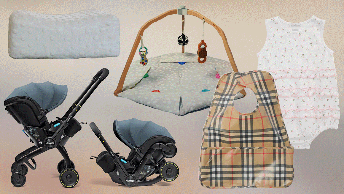 Collage of baby registry items.