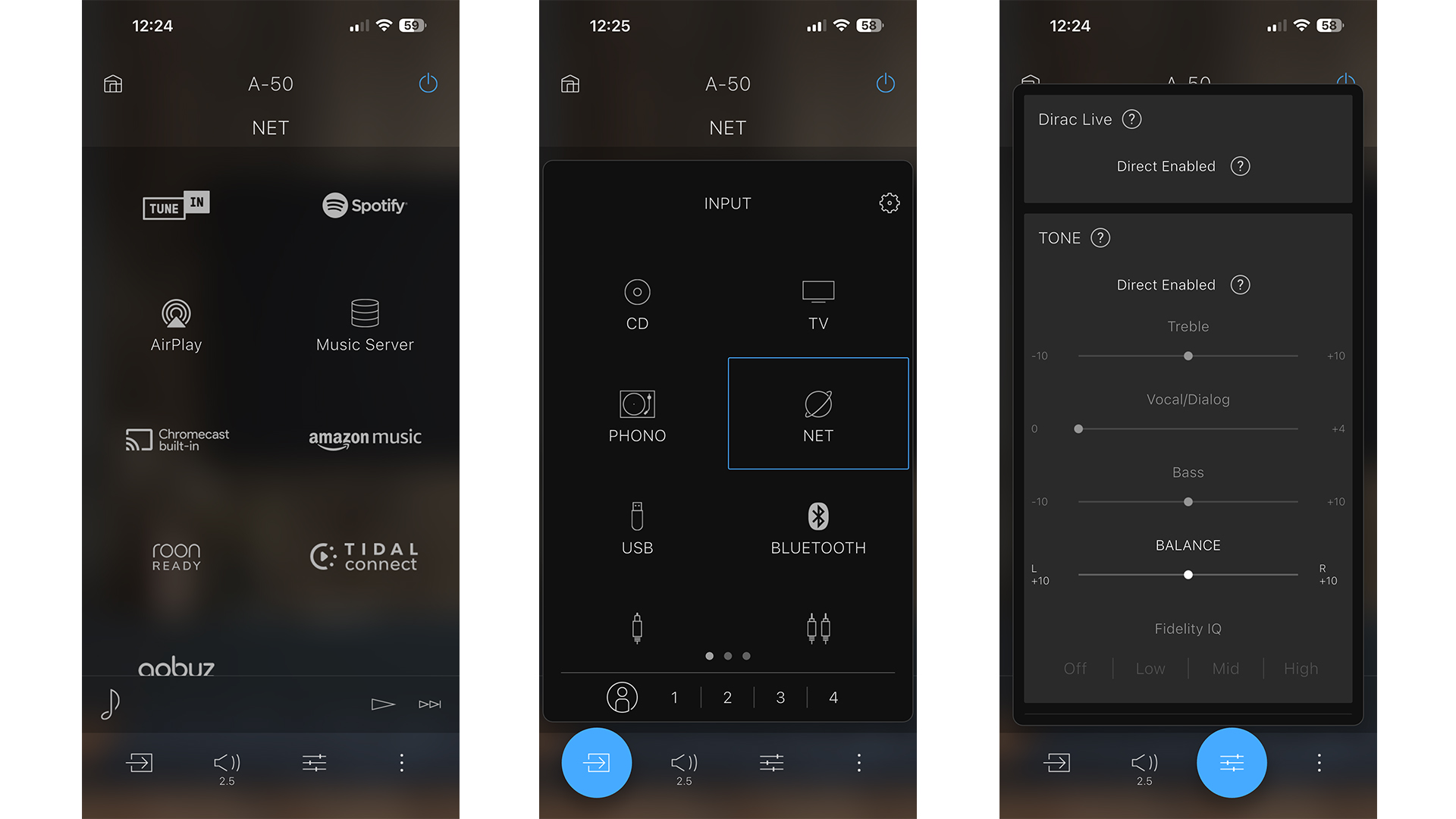Onkyo Icon A-50 streaming amplifier app on three smartphone screens