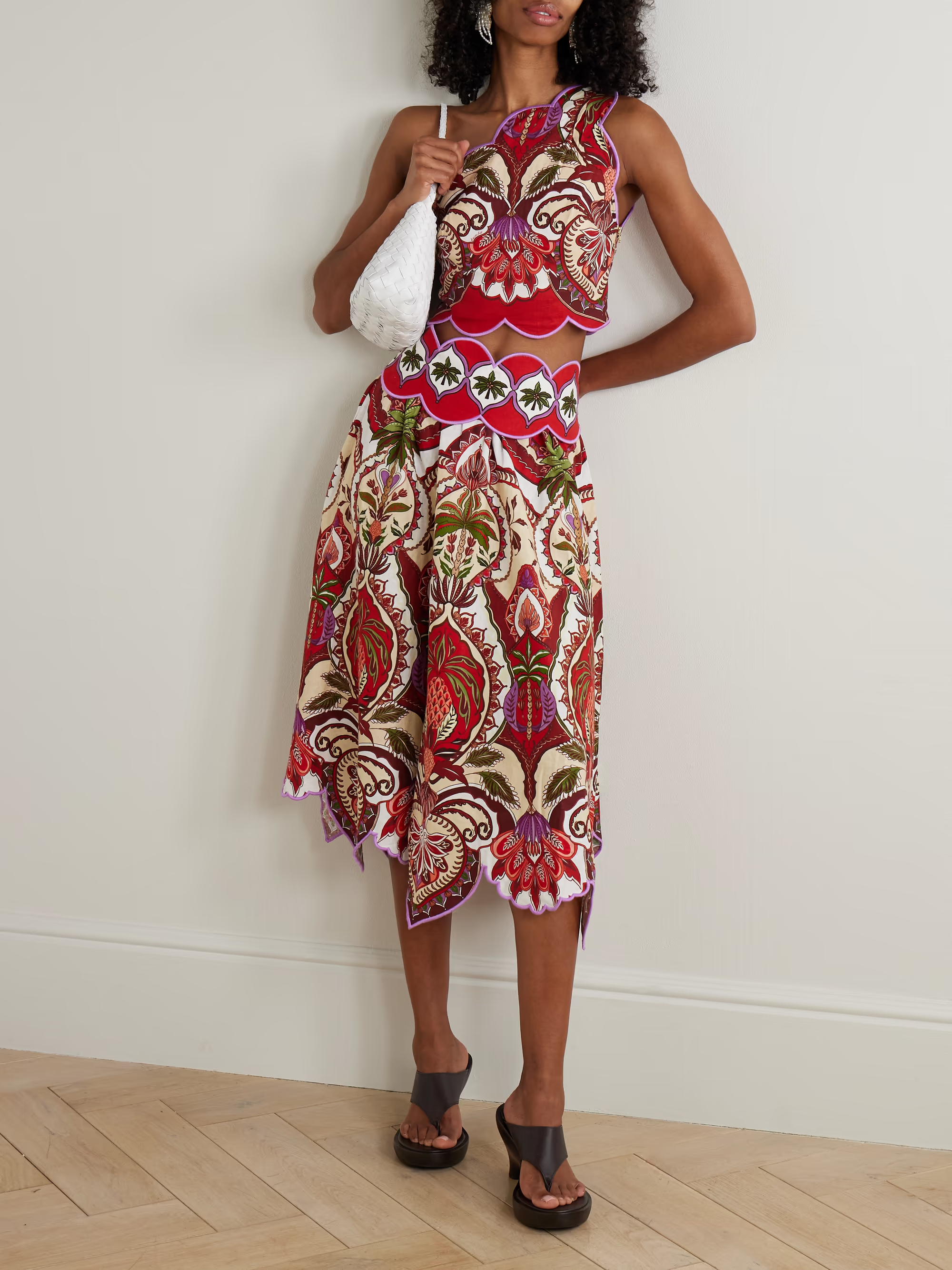 FARM RIO, Odara scalloped printed linen-blend midi skirt