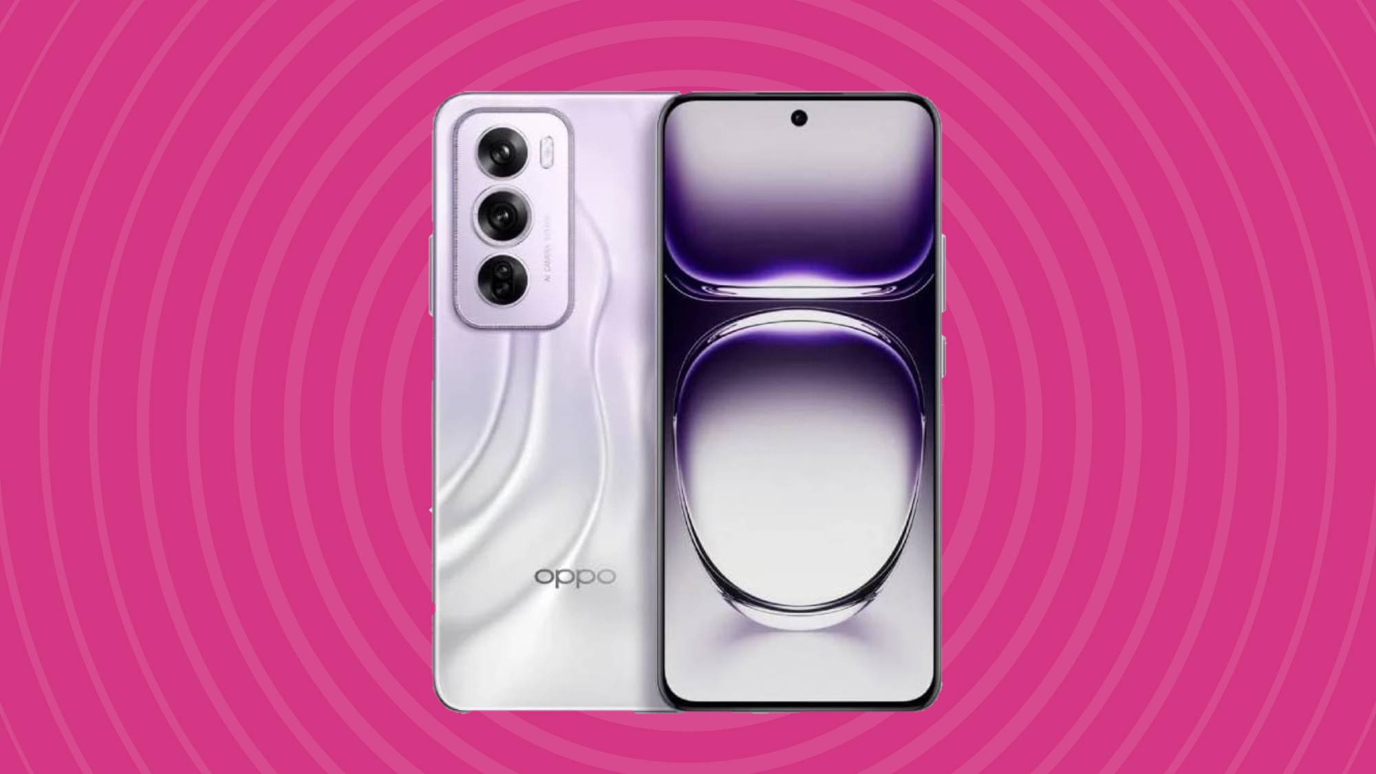 The Oppo Reno 12 Pro on a magenta background.