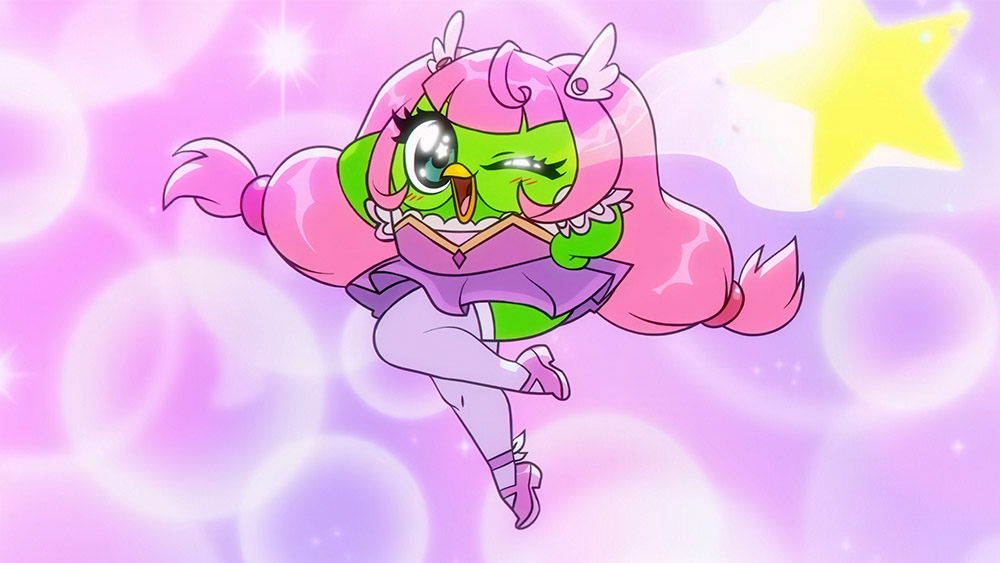 Duolingo anime series showing Duolingo dressed in pink with a pink wig