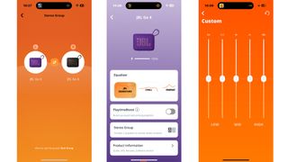 JBL Go 4 Bluetooth speaker app shown on three smartphone screens