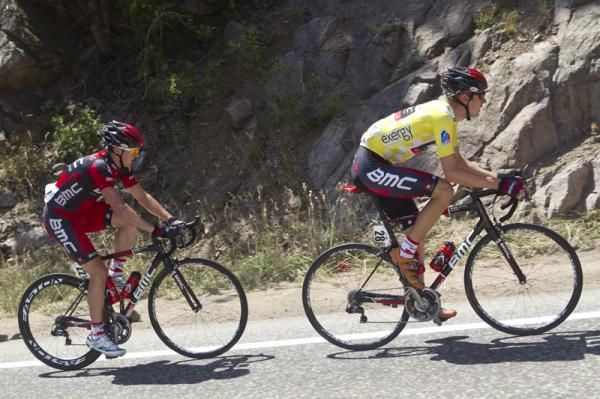 Race leader Tejay van Garderen is shadowed by his BMC teammate and ace mountain domestique Mathias Frank.