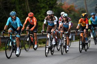 SAN DANIELE DEL FRIULI ITALY OCTOBER 20 Manuele Boaro of Italy and Astana Pro Team Francois Bidard of France and Team Ag2R La Mondiale Andrea Vendrame of Italy and Team Ag2R La Mondiale Breakaway during the 103rd Giro dItalia 2020 Stage 16 a 229km stage from Udine to San Daniele Del Friuli 249m girodiitalia Giro on October 20 2020 in San Daniele Del Friuli Italy Photo by Tim de WaeleGetty Images