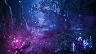 Een nieuw gebied in The Forgotten Kingdom, nieuwe DLC in Remnant 2: een prachtig groen bos badend in iriserend licht.