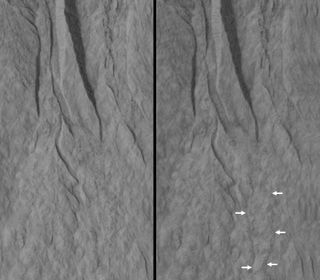 This pair of images covers one of the hundreds of sites on Mars where researchers have repeatedly used the High Resolution Imaging Science Experiment (HiRISE) camera on NASA's Mars Reconnaissance Orbiter to study changes in gullies on slopes.