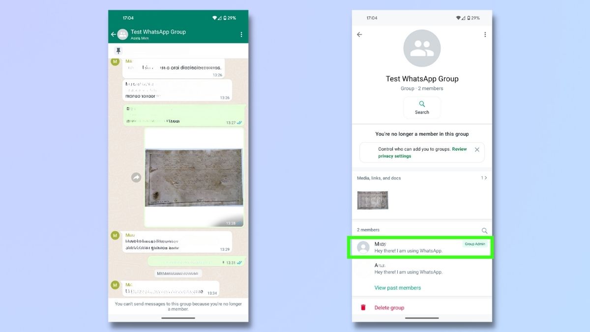 screenshot showing how to rejoin a group chat on WhatsApp - go to group info
