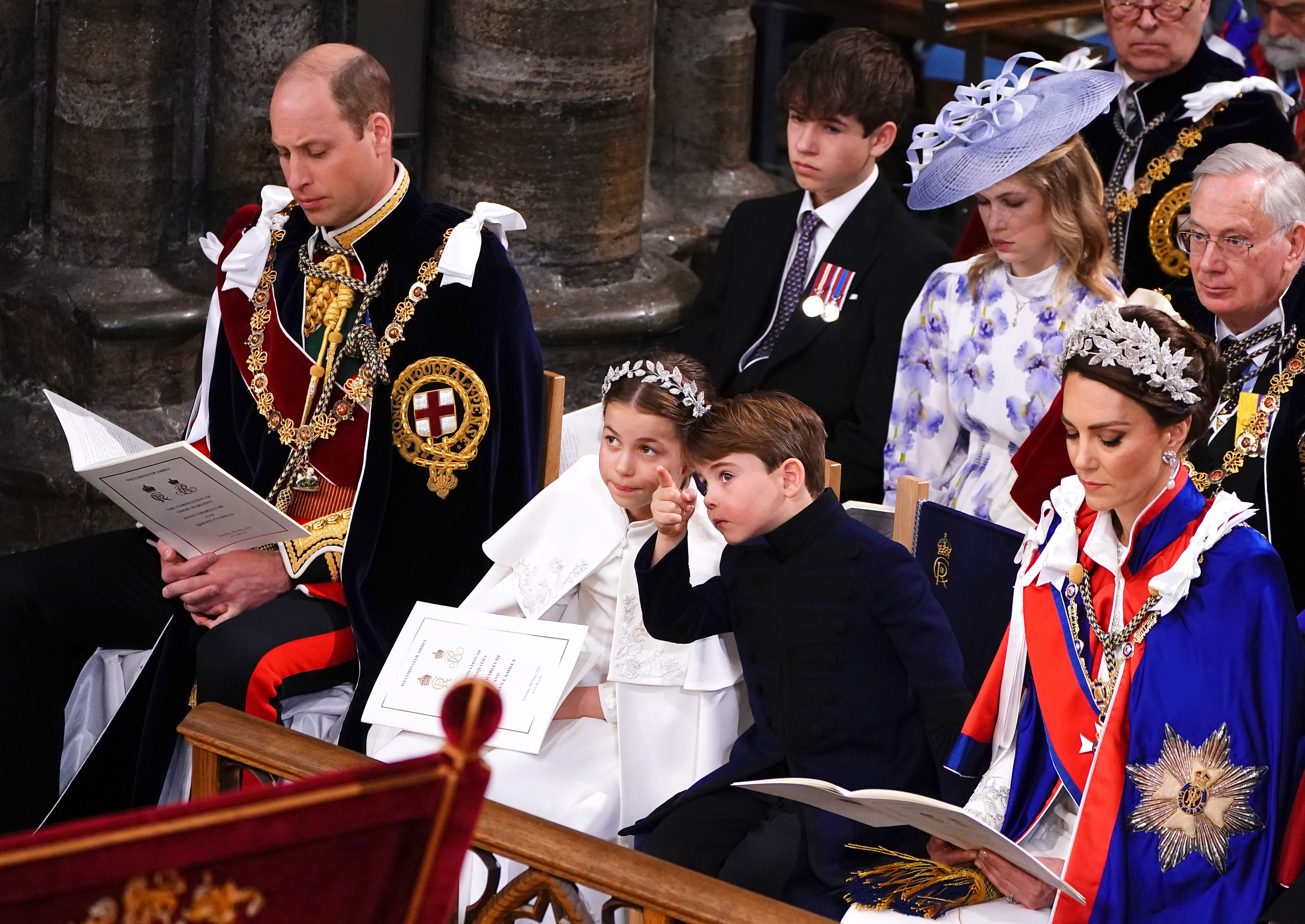 The Prince of Wales, Princess Charlotte, Prince Louis, the Princess of Wales and the Duke of Edinburgh at the coronation ceremony of King Charles III and Queen Camilla in Westminster Abbey, London. Picture date: Saturday May 6, 2023.