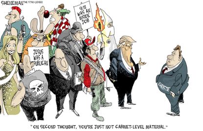 Political cartoon U.S. Chris Christie Donald Trump cabinet picks