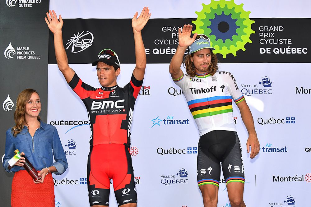 Winner Peter Sagan and runner-up Greg Van Avermaet on the Qubebc podium