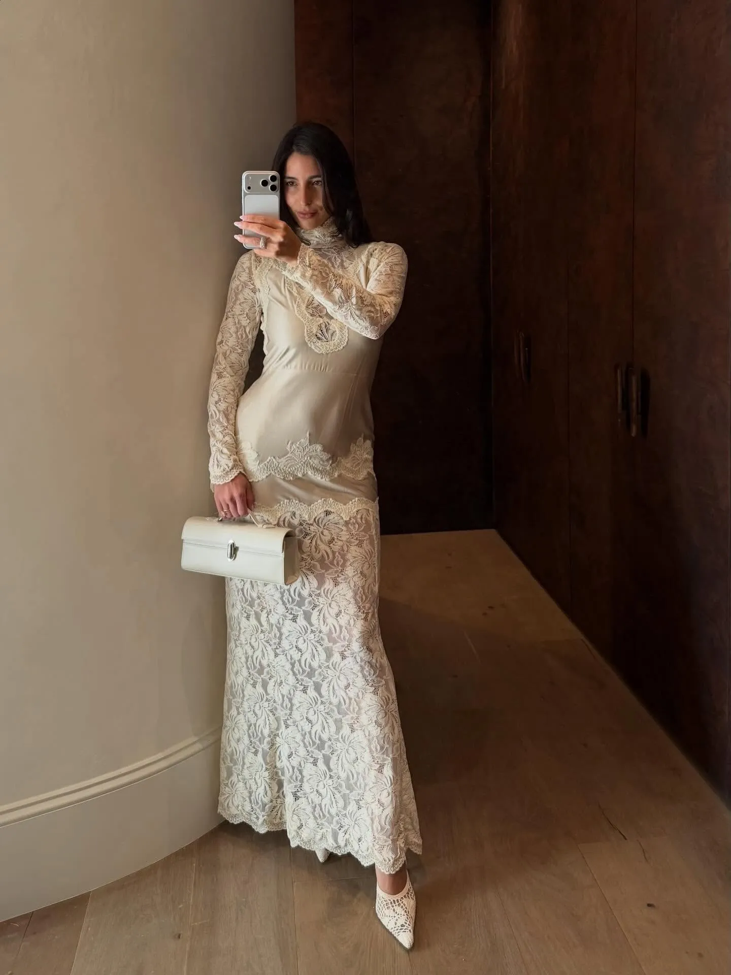 Image of Bettina Looney in lace Rabanne dress