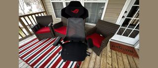 black gaming chair on patio