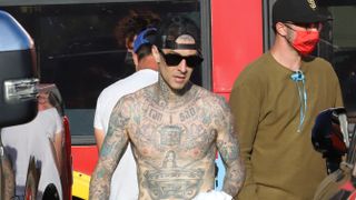 hollywood, ca april 08 travis barker is seen after filming on april 08, 2021 in hollywood, california photo by apexmegagc images