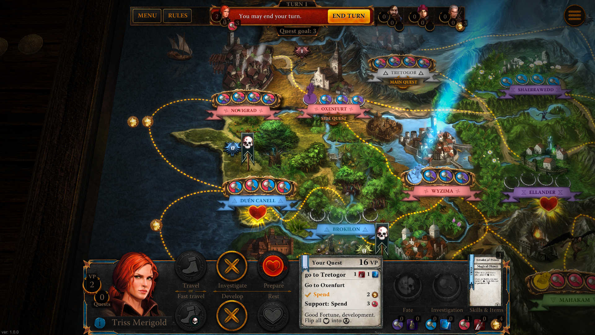 In The Witcher Adventure Game, a map showing quests available in locations such as Novigrad and Oxenfurt can be seen, with playable character Triss Merigold's portrait in the bottom left corner