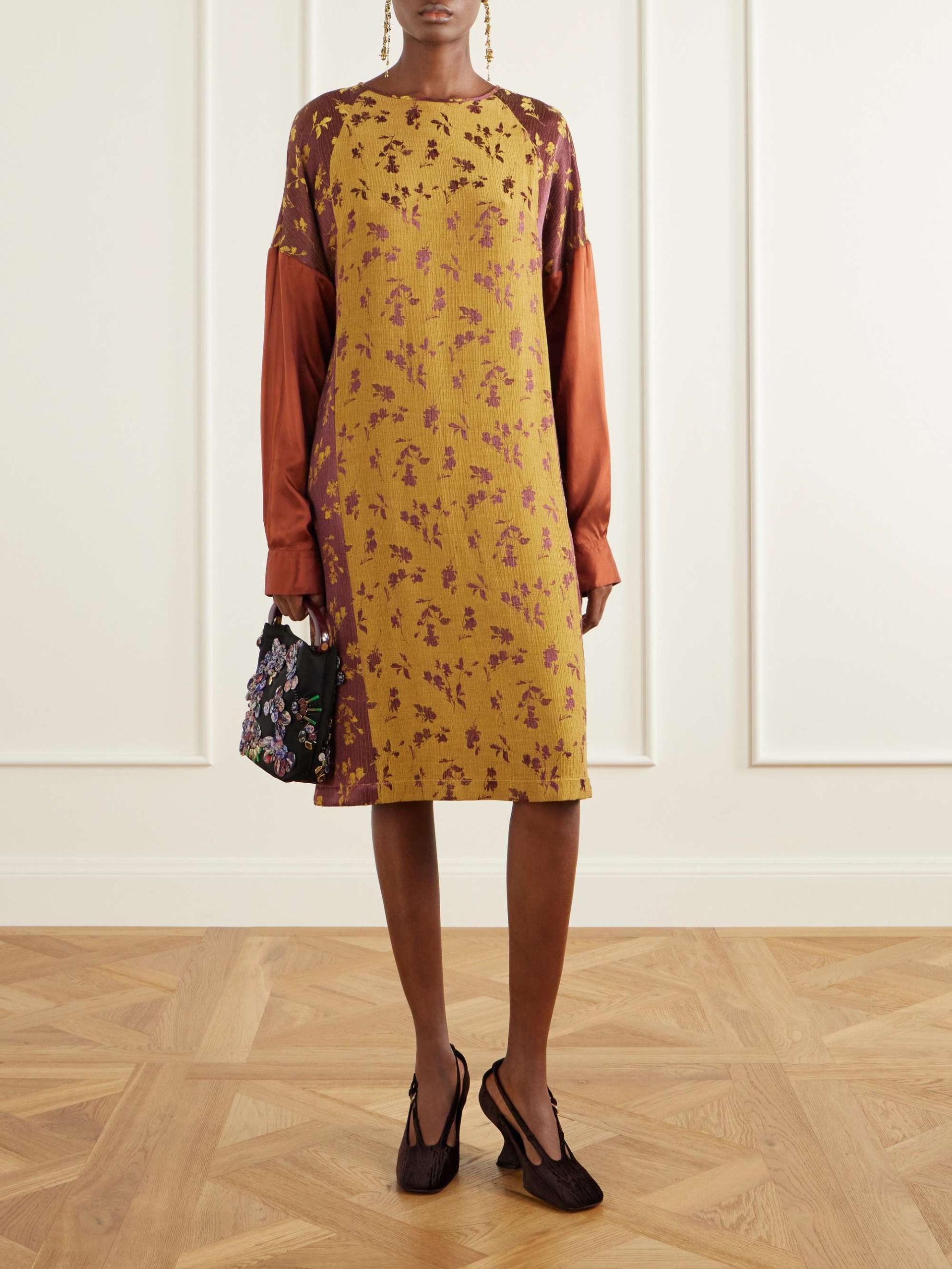 Satin-Trimmed Floral-Jacquard Midi Dress