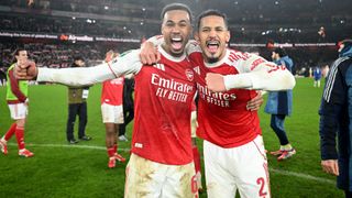 Arsenal defenders (L-R) Gabriel Magalhaes and William Saliba