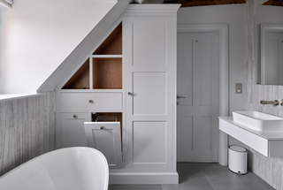 bathroom with grey heritage style built in cabinets