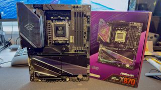 A photo of the ASRock Phantom Gaming X870 Nova WIFI motherboard, next to its retail packaging