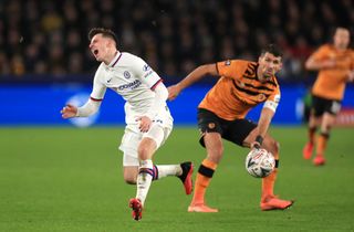 Chelsea’s Mason Mount reacts to a challenge from Hull’s Eric Lichaj
