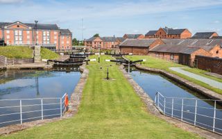 Ellesmere Port Canal and the surrounding red brick houses