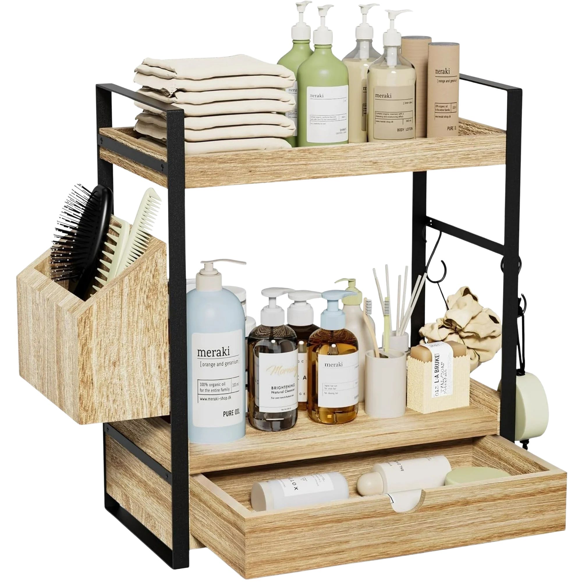 Wooden 2-Tier Bathroom Counter Organizer with Drawer and Basket filled with products