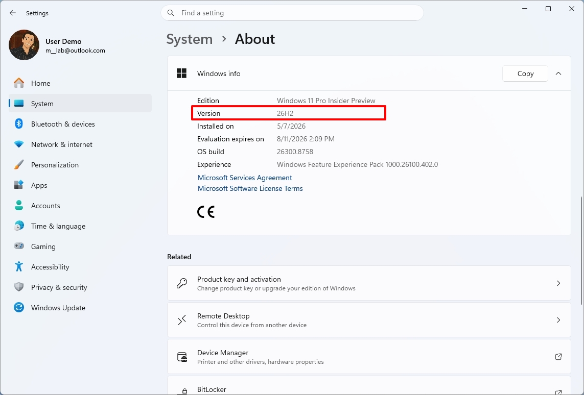 Windows 11 Settings on the About page highlighting version 26H2.