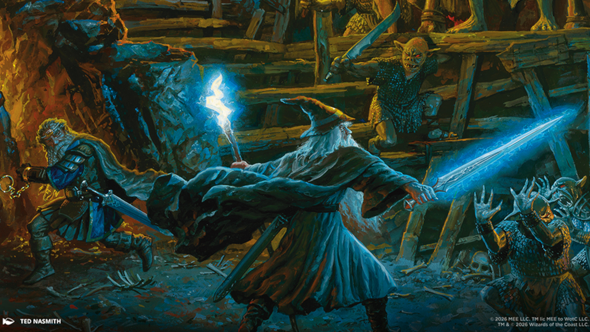 Gandalf fights off goblins with glowing sword and staff drawn, while Thorin Oakenshield flinches away