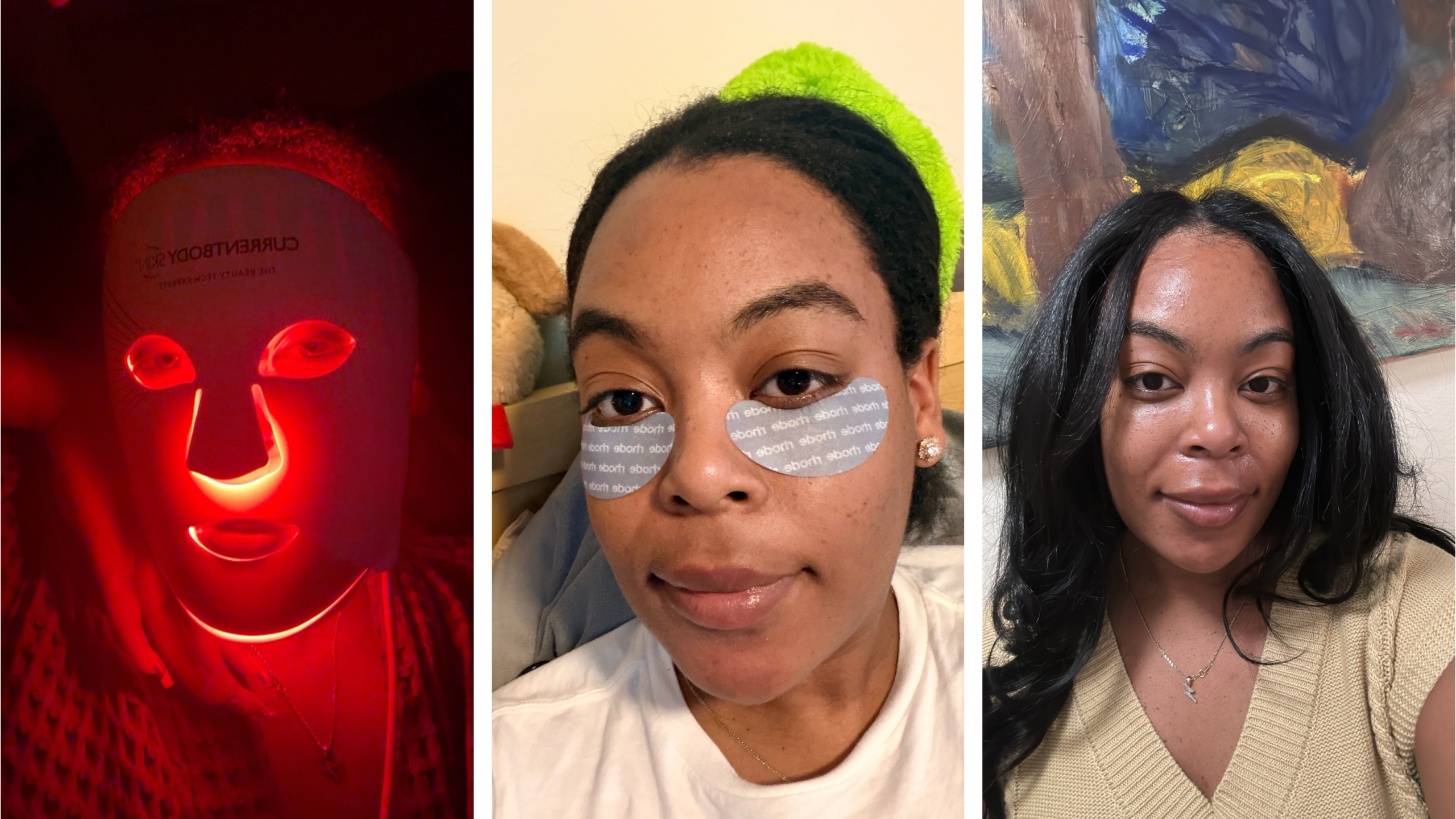 Ariel Wilson wearing an LED light mask, undereye patches, and with glowing skin in a horizontal collage. 