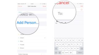 Share an iCloud calendar on iPhone and iPad by showing: Tap add person then type the person's name that you want to invite