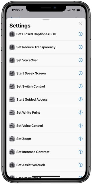 Screenshot showing new actions for Shortcuts in iOS 13, including Set Closed Captions+SDH, Set Reduce Transparency, Set VoiceOver, Start Speak Screen, Set Switch Control, Start Guided Access, Set White Point, Set Voice Control, Set Zoom, Set Increase Contract, and Set AssistiveTouch. Not shown: Set Smart Invert, Set Classic Invert, Set Mono Audio, Set Text Size, Set Reduce Motion, Set LED Flash, Set Audio Descriptions, Open Magnifier.