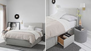grey small bedroom with divan bed with storage as a way to make a small bedroom look bigger