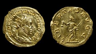 The newfound Roman coin in Hungary features a bearded Emperor Volusianus on one side and Libertas, the personification of freedom, on the other.