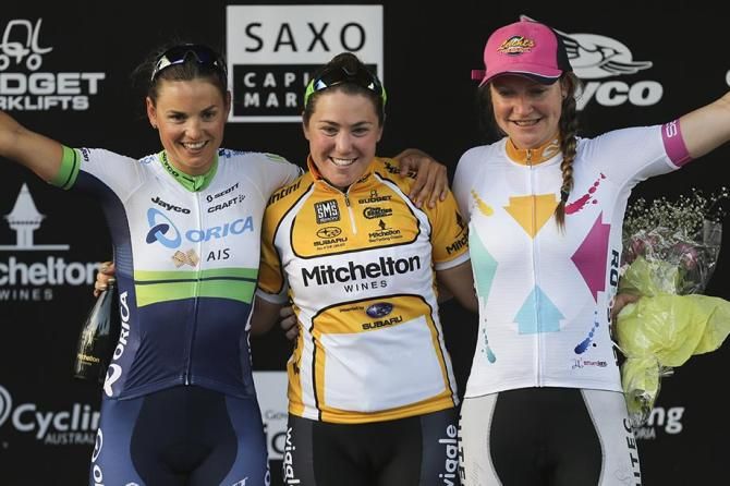 The Women's podium pose for the camera after stage one of the Bay Crits