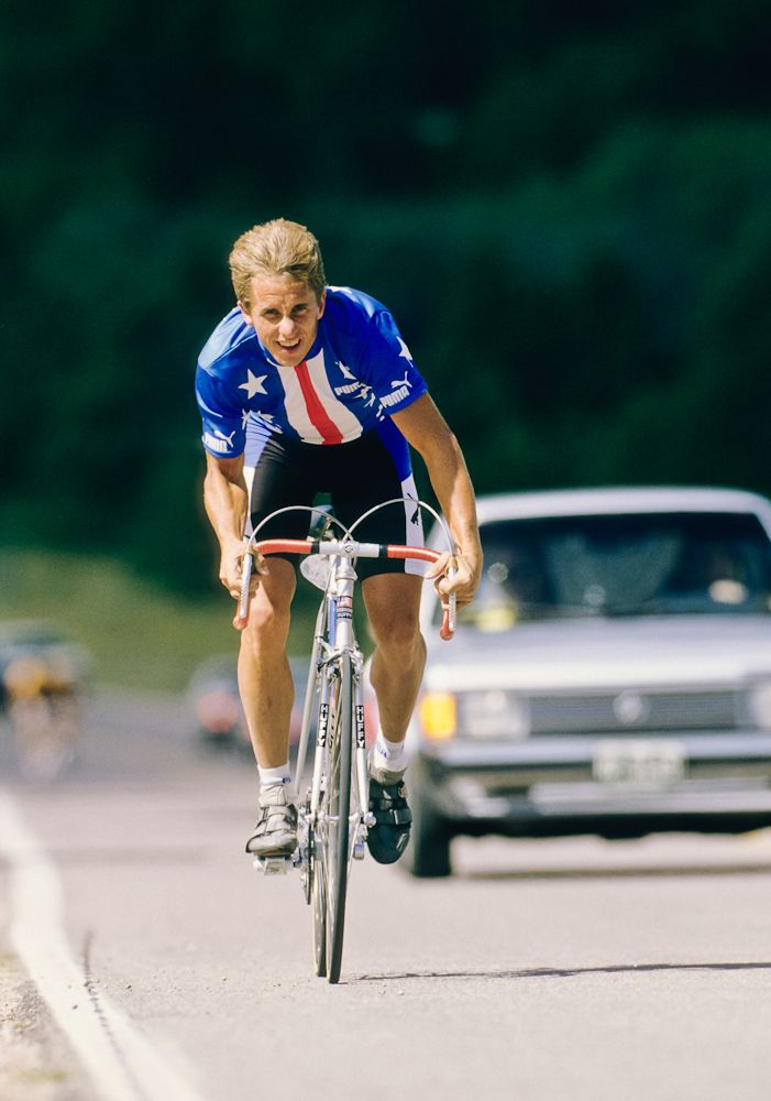 Greg Lemond of the U.S. trains on the course prior to the 1986 World Cycling Championships road race in September 1986 on the grounds of the U.S. Air Force Academy in Colorado Springs, Colorado