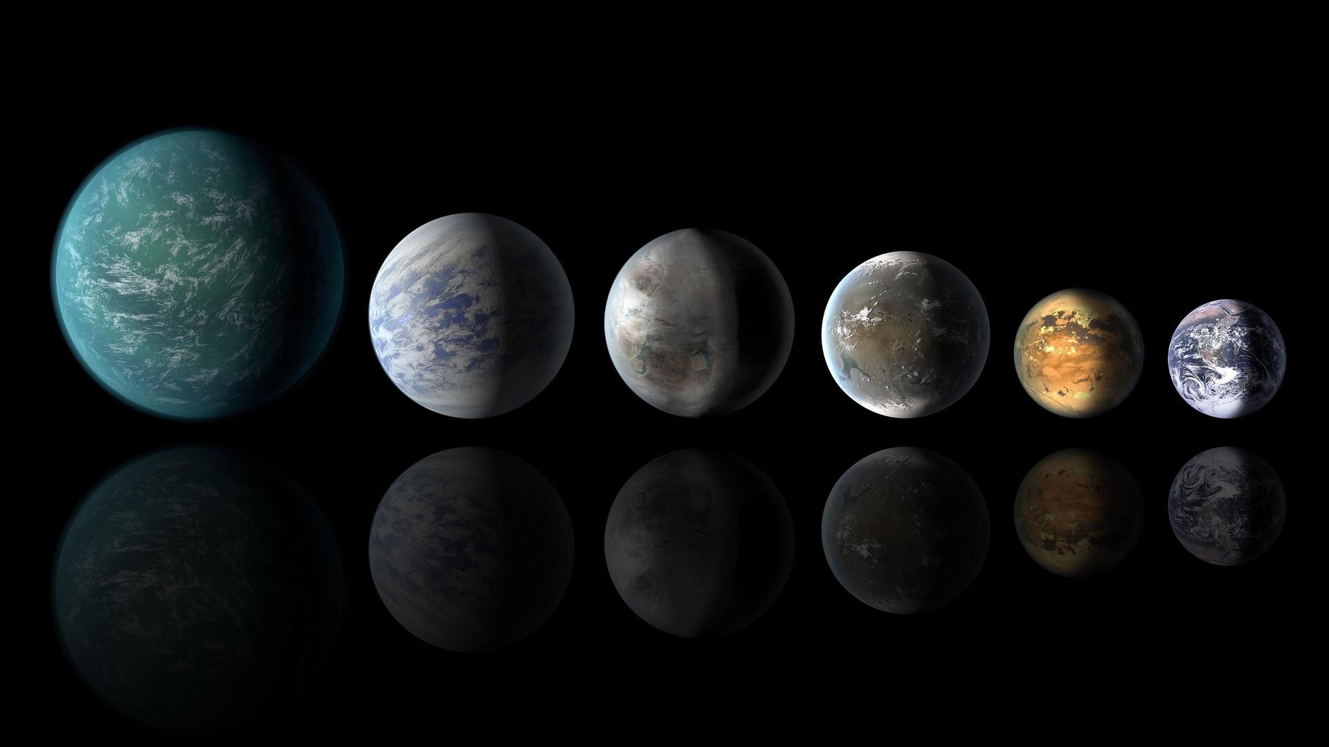A row of drawings of planets in blue and brown, from the largest on the left to the smallest, Earth, on the right.