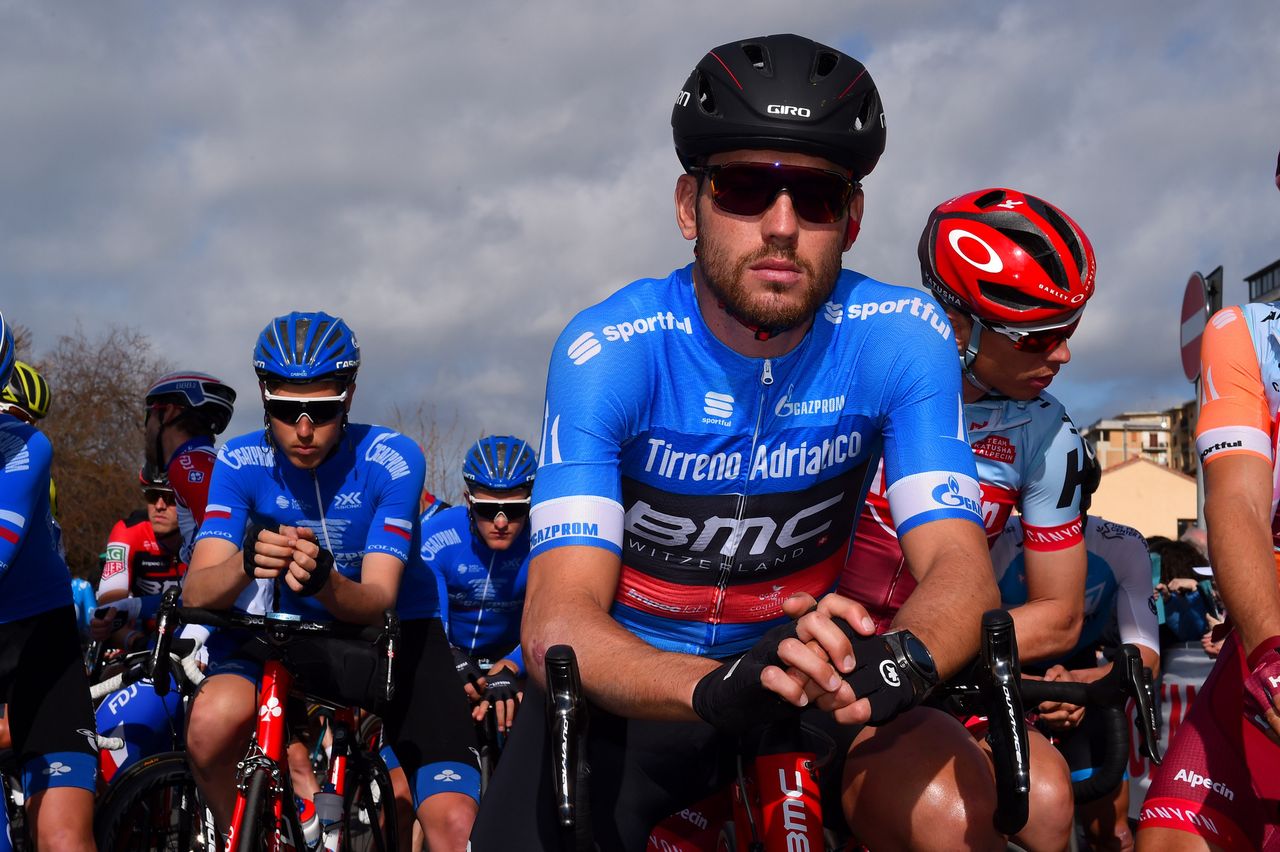 Patrick Bevin (BMC Racing) in the leader's jersey at the start of stage 3