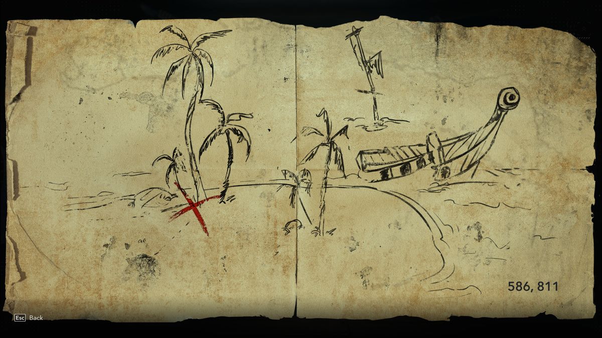 Black Flag treasure maps: A hand-drawn map leading to buried treasure.
