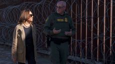 US Vice President and Democratic presidential candidate Kamala Harris (L) visits the US-Mexico border with US Border Patrol Tucson Sector Chief John Modlin (R) in Douglas, Arizona, on September 27, 2024.