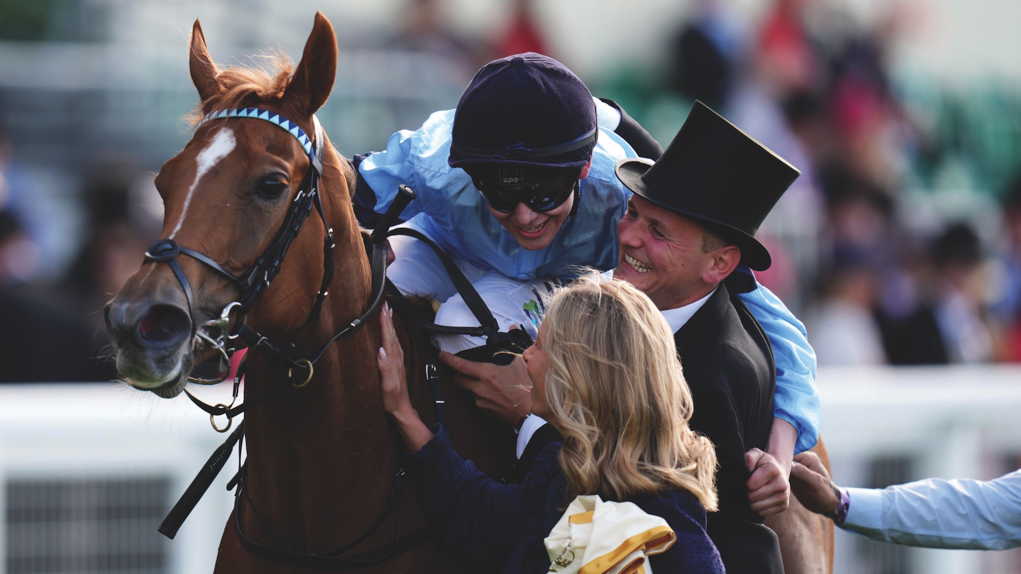 Billy Loughnane with Soprano and trainer George Boughey after winning at Royal Ascot