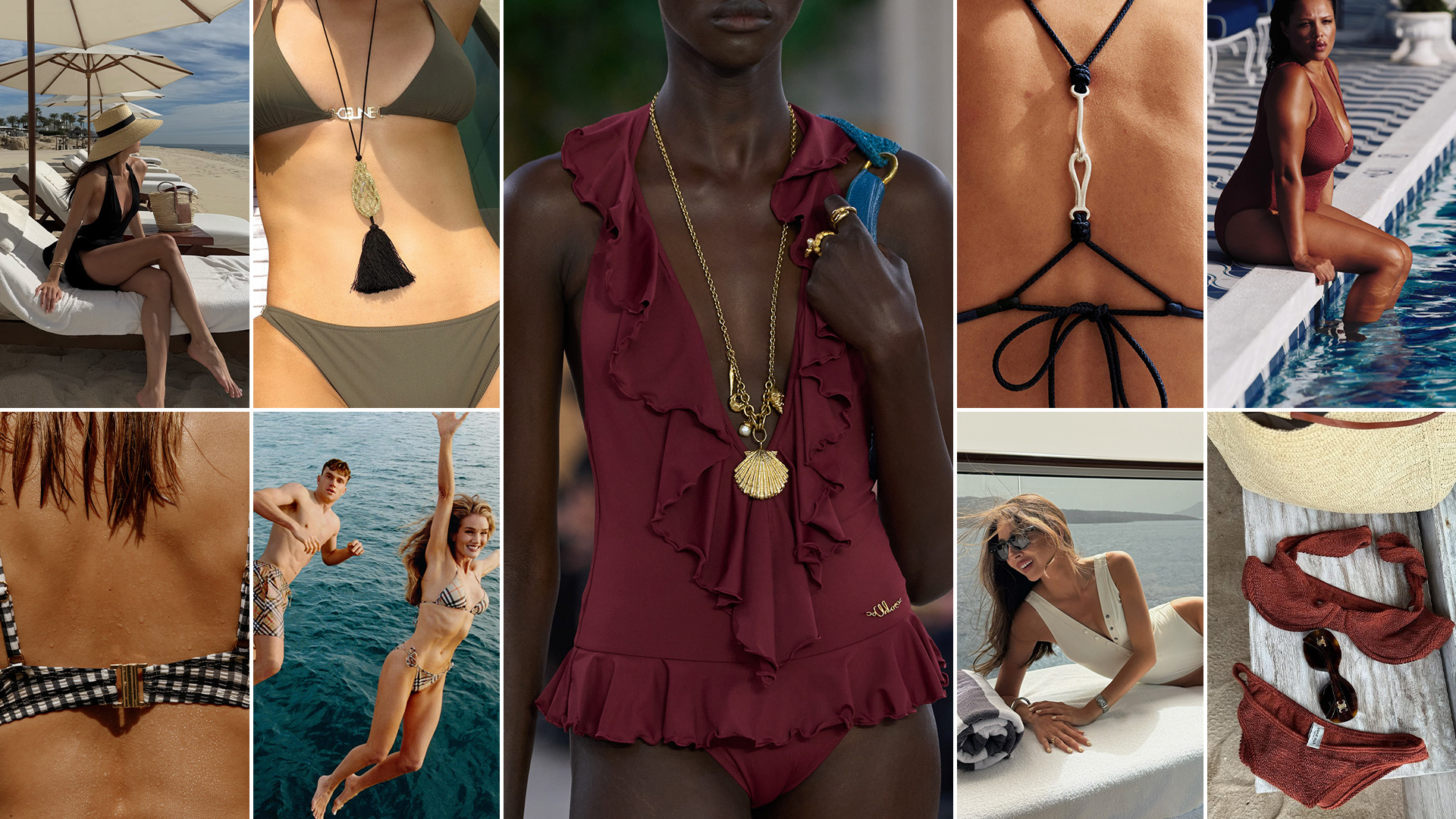 a collage of swimsuit trends