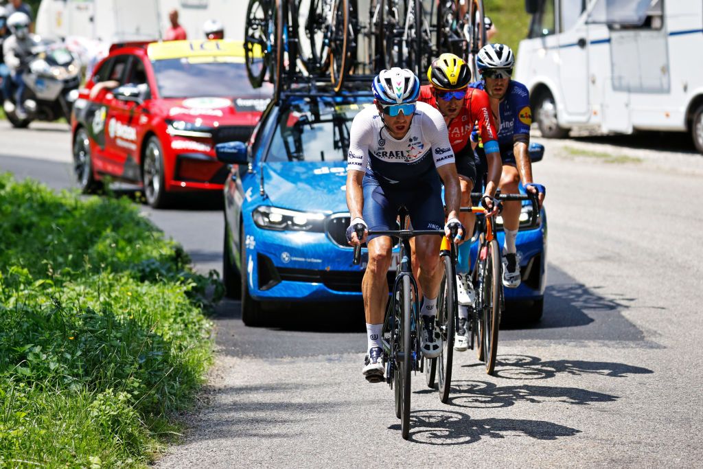 QUILLAN FRANCE JULY 10 Michael Woods of Canada and Team Israel StartUp Nation Wout Poels of The Netherlands and Team Bahrain Victorious Mattia Cattaneo of Italy and Team Deceuninck QuickStep in the Breakaway during the 108th Tour de France 2021 Stage 14 a 1837km stage from Carcassonne to Quillan LeTour TDF2021 on July 10 2021 in Quillan France Photo by Chris GraythenGetty Images